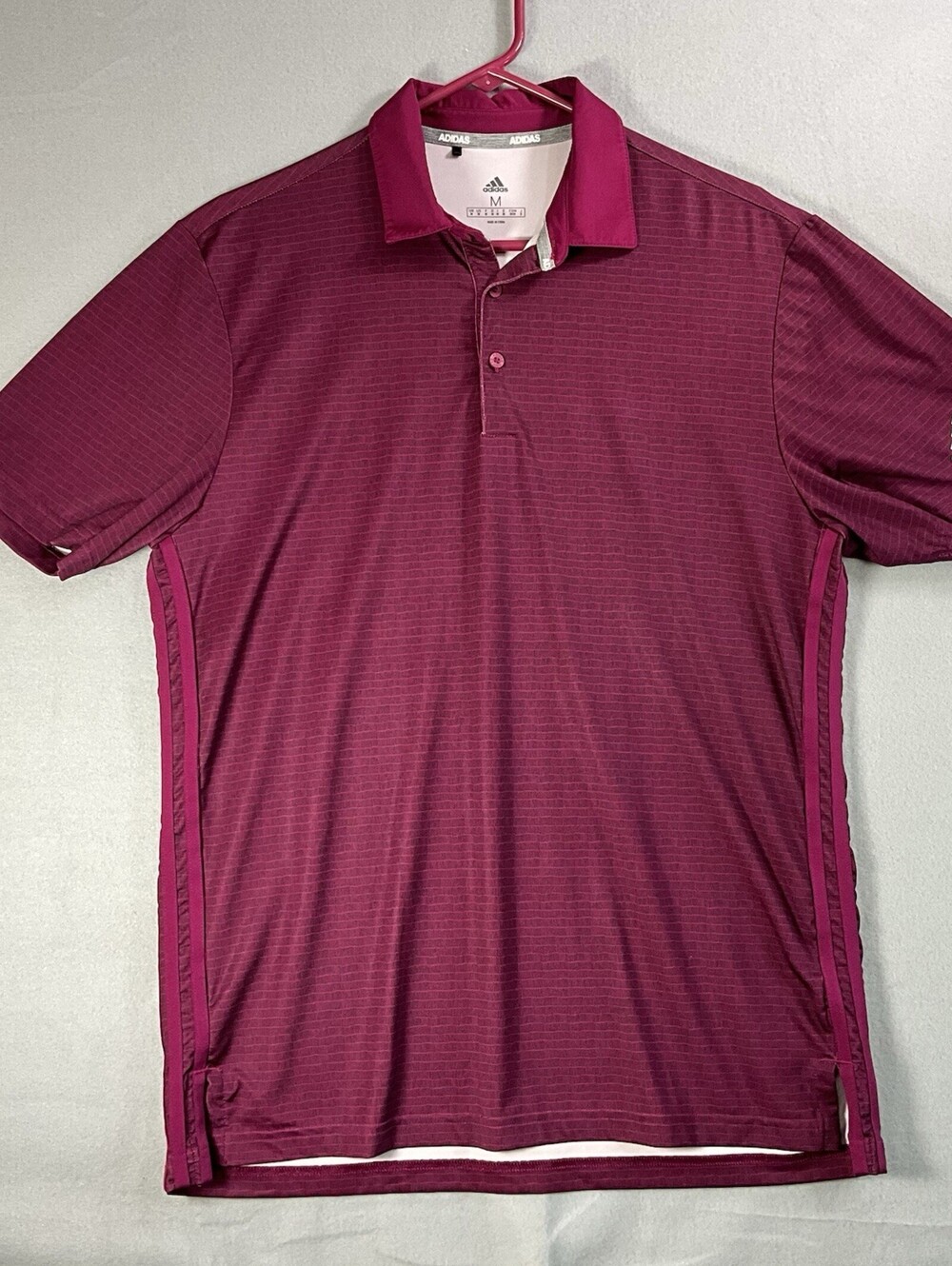 Adidas Golf Polo Shirt Mens Medium Pink Climalite 3 Stripe Performance